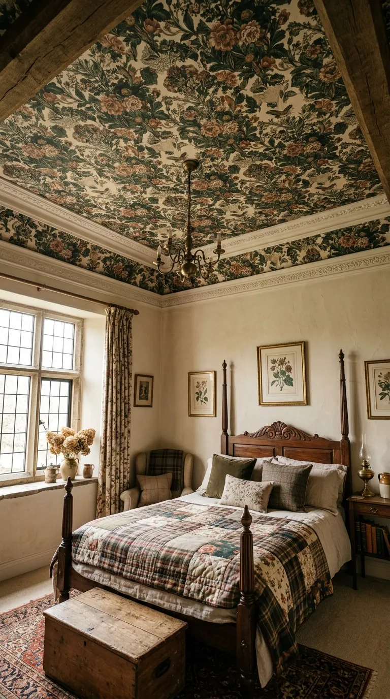 Botanical Wallpaper On Bedroom Ceiling