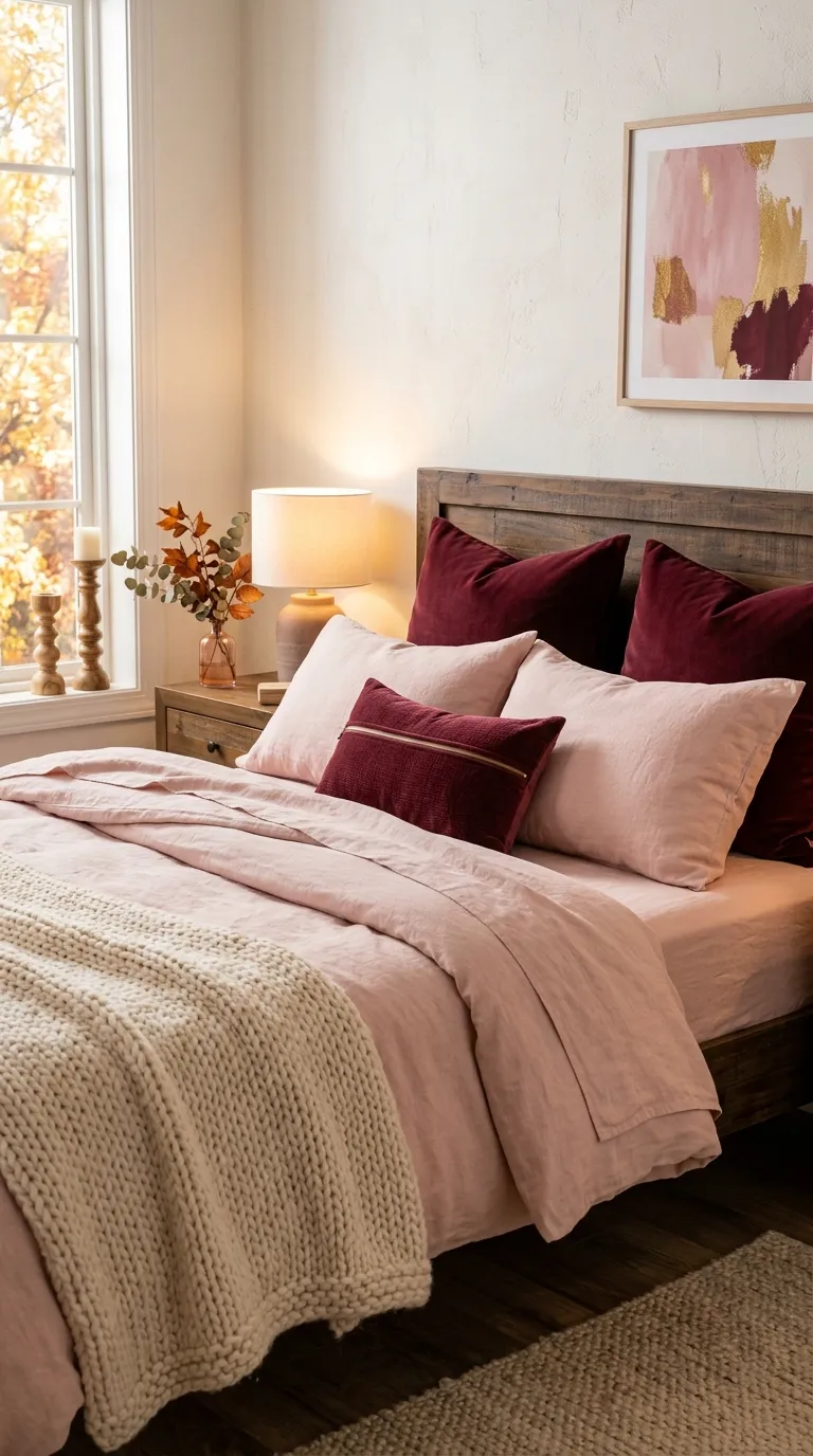 Burgundy Pillows Against Blush