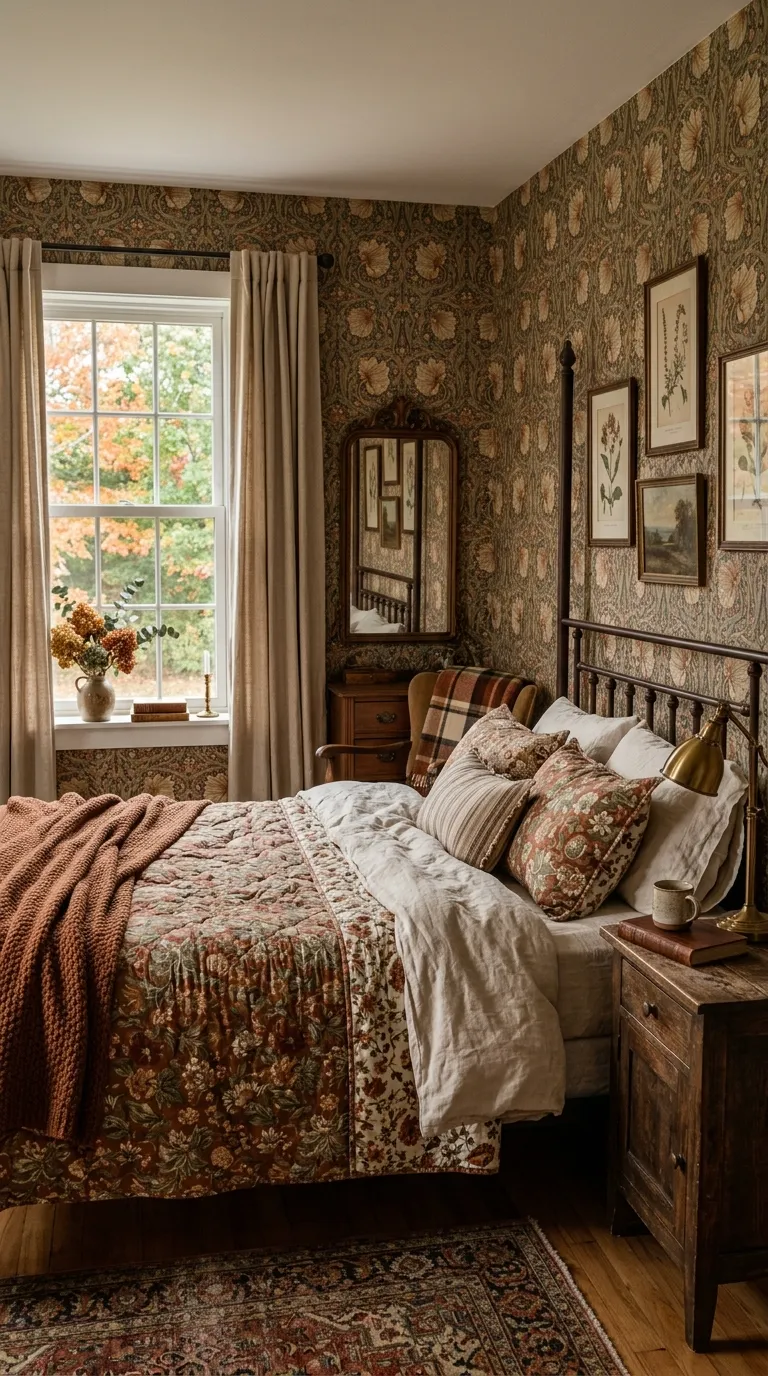 Floral Wallpaper With Vintage Bedding