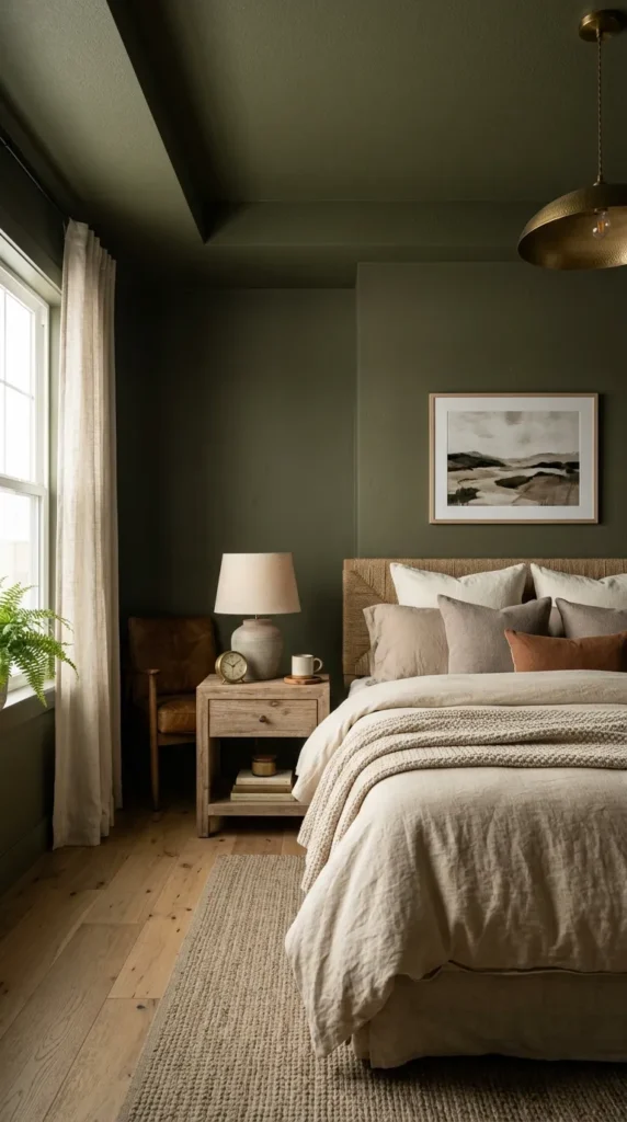 moody olive colordrenched ceiling