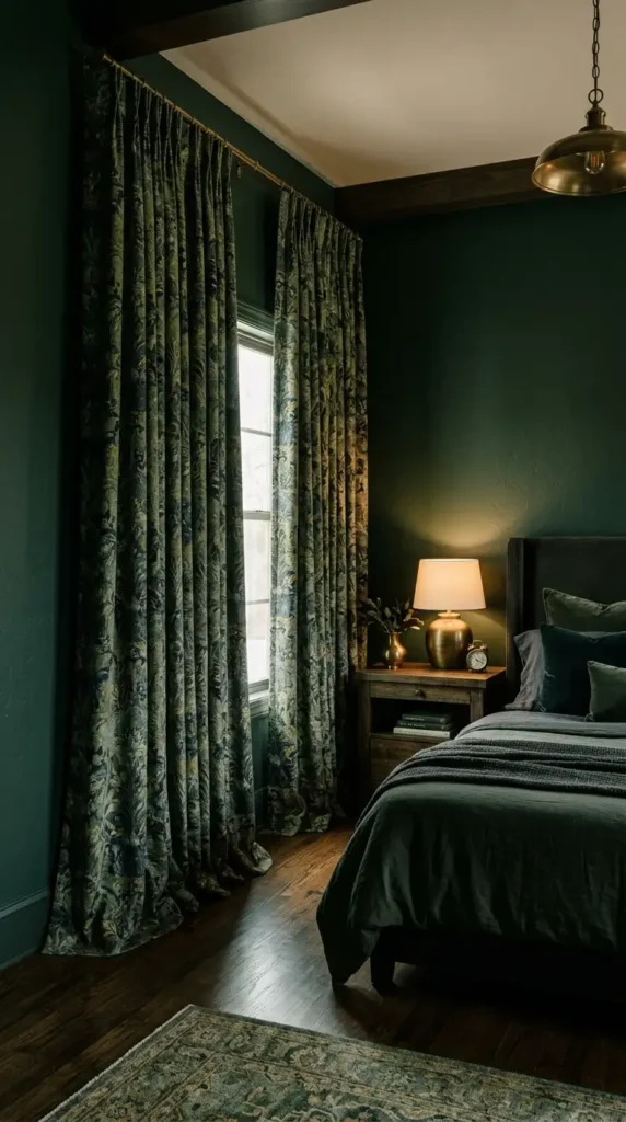 Green Bedroom With Patterned Drapery