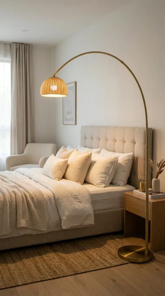 Arched Floor Lamp Beside Bed