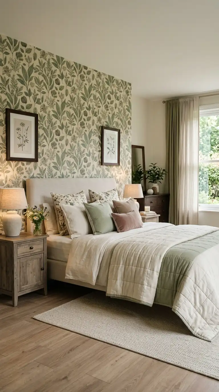 Botanical Wallpaper Behind Bed