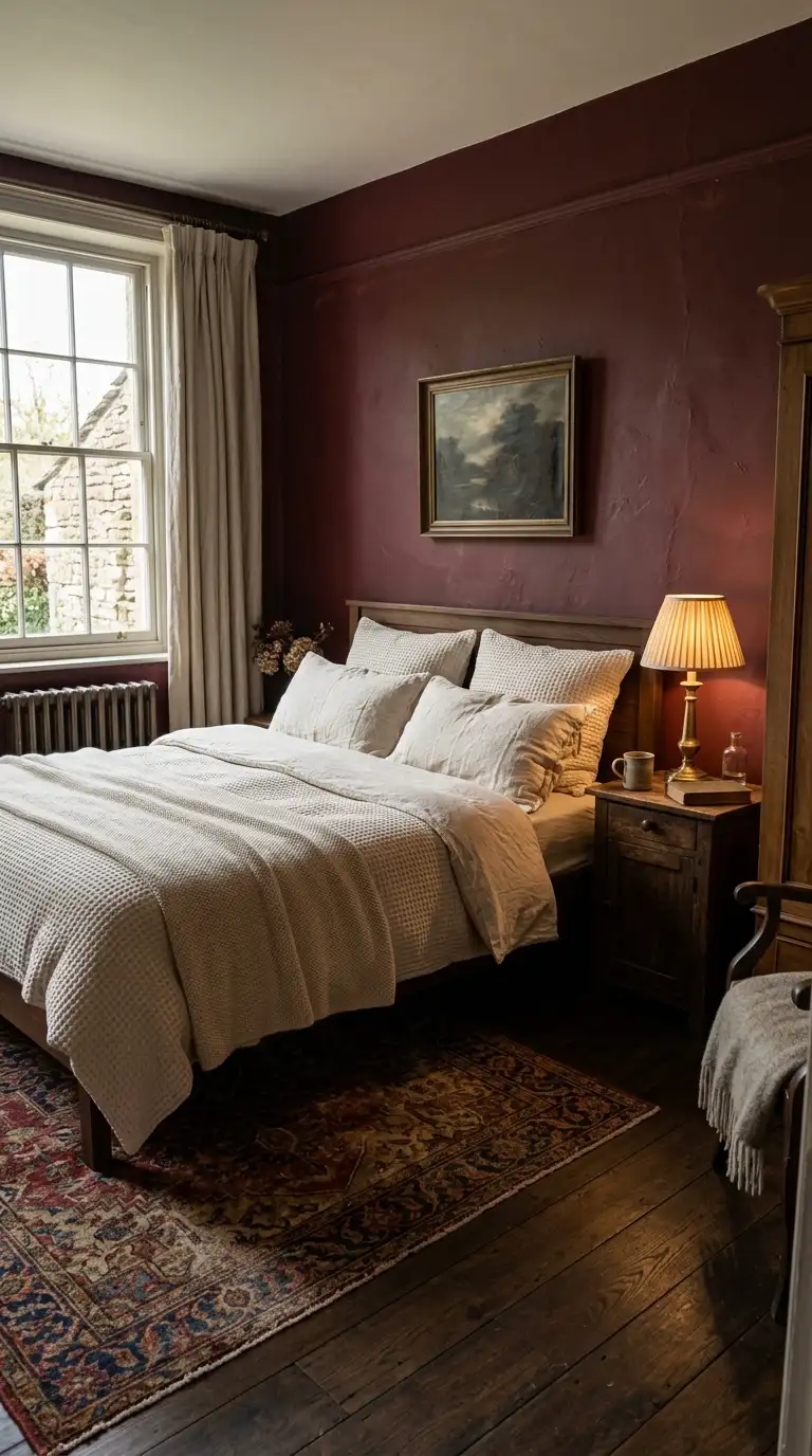 Burgundy Walls With Cream Bedding