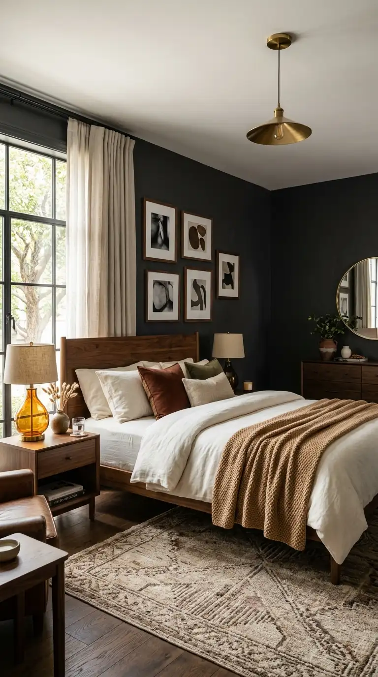 Charcoal Walls With Walnut Furniture
