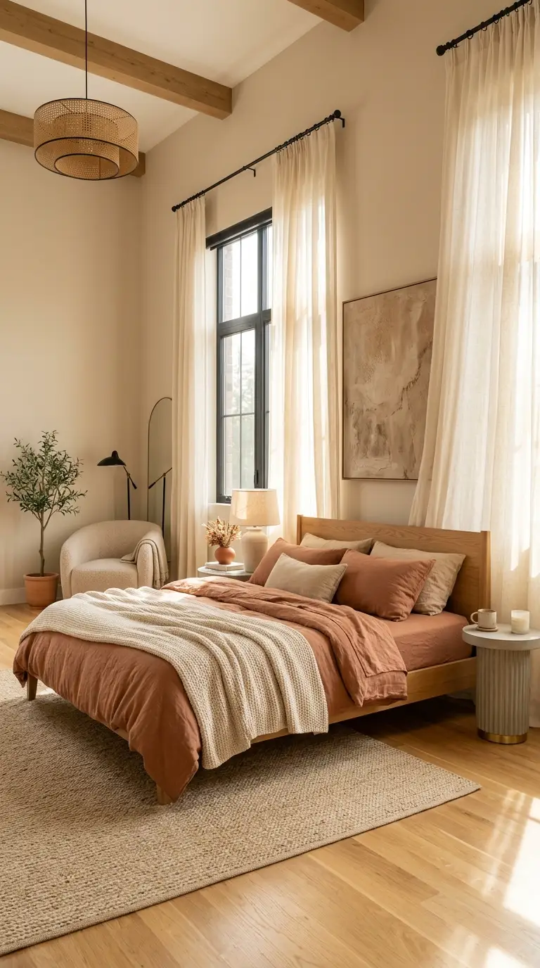 Cream Curtains Terracotta Bedding Layers