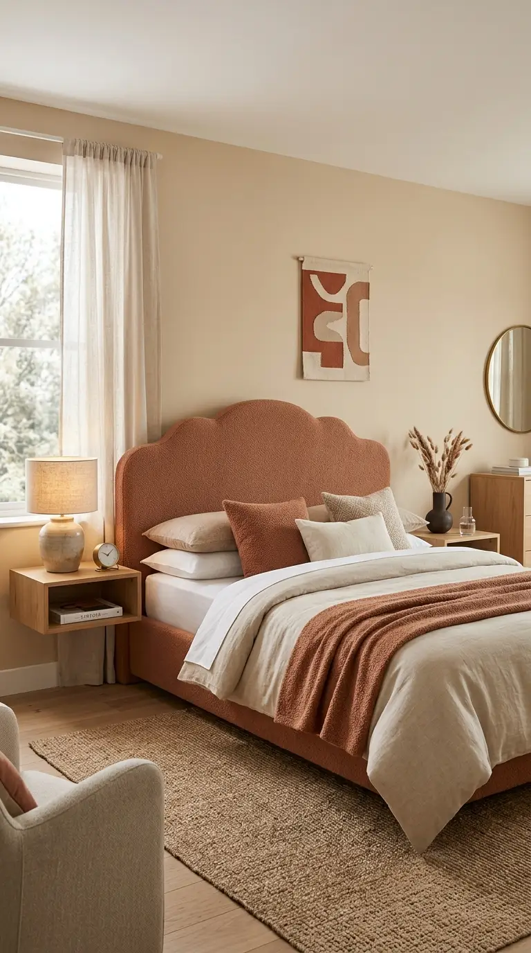 Curved Terracotta Upholstered Headboard