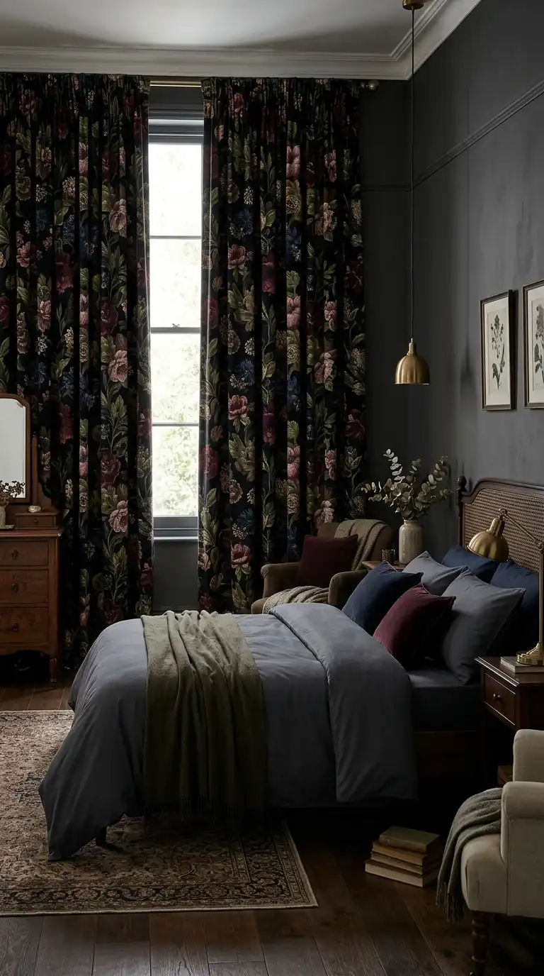 Dark Floral Blackout Bedroom Curtains