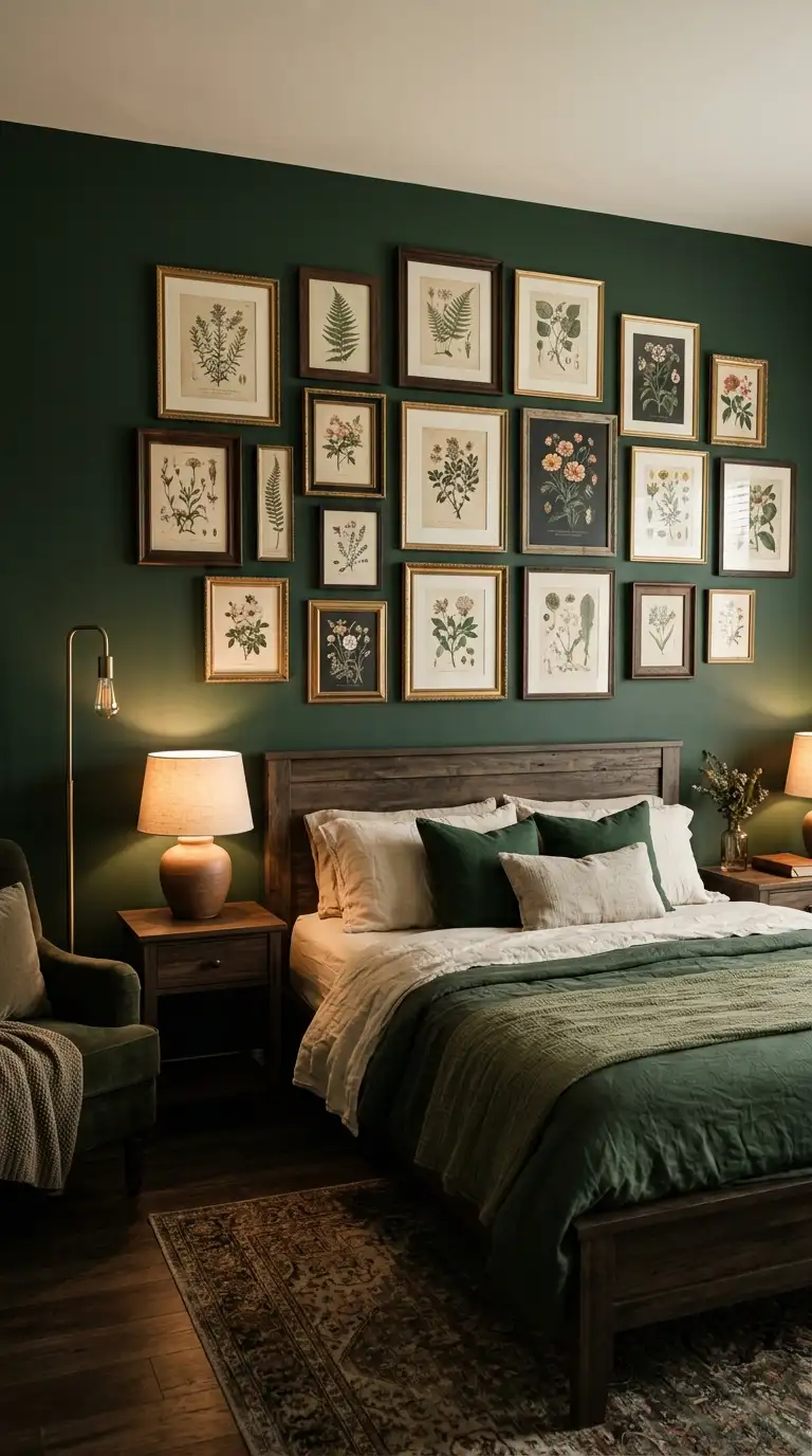 Dark Green Bedroom With Botanical Prints