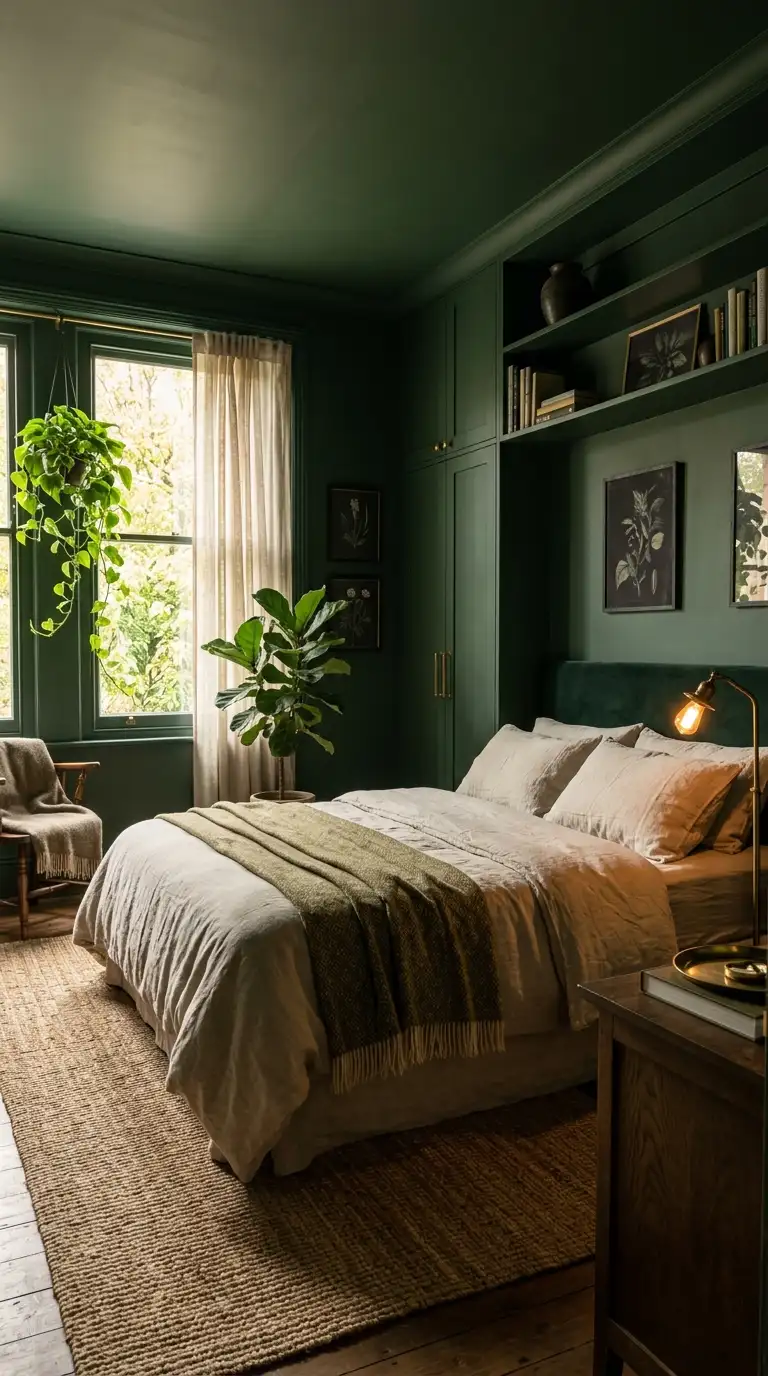Deep Forest Green Color Drenched Bedroom