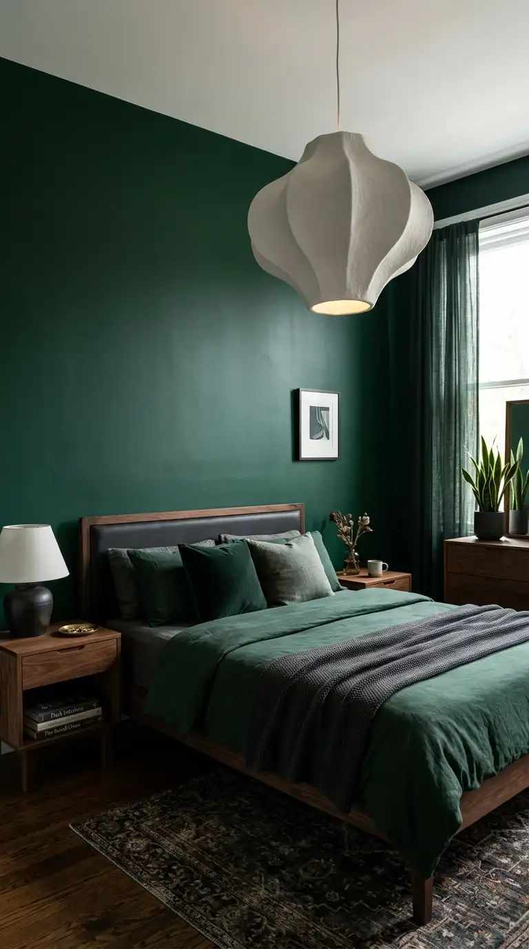 Deep Green Bedroom With Sculptural Lighting