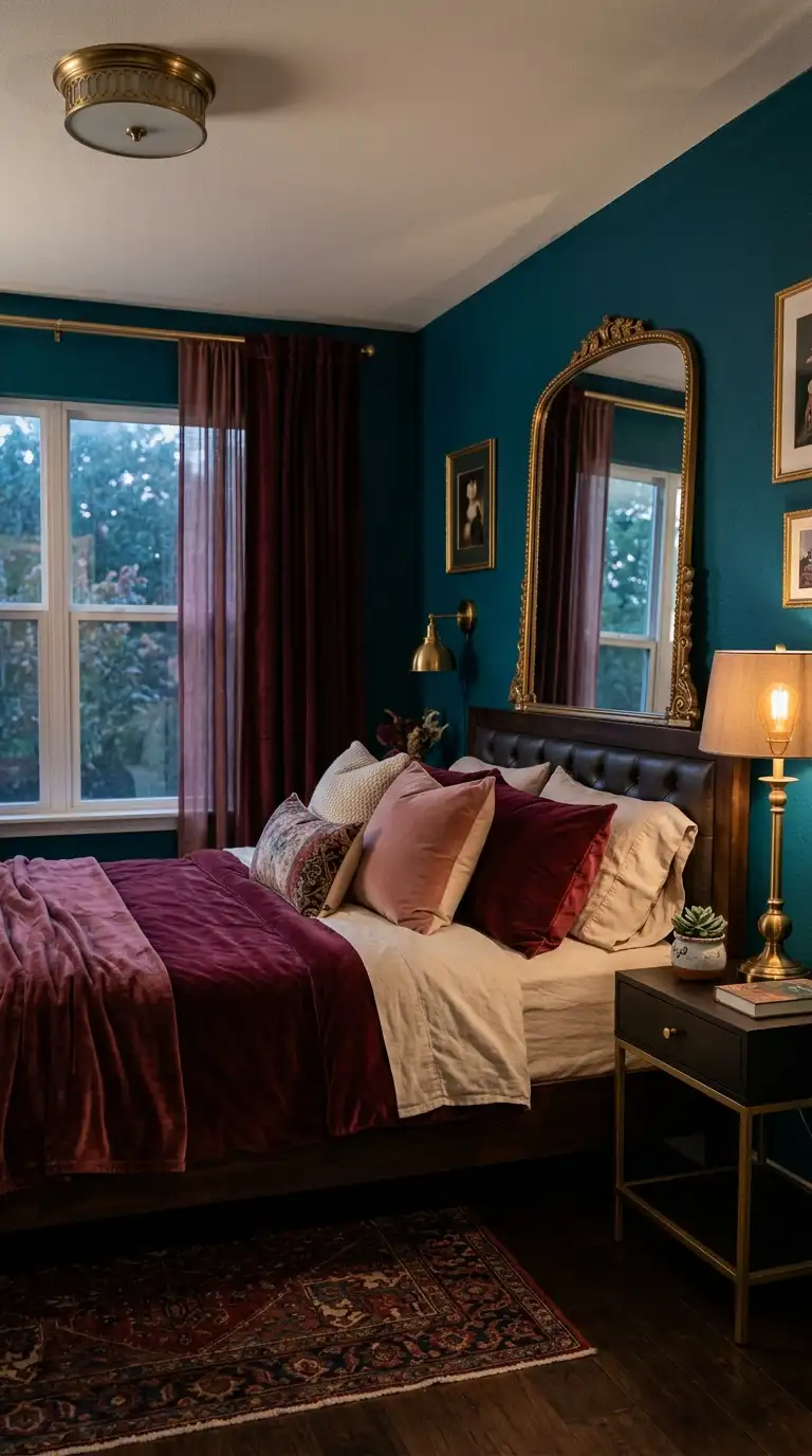 Deep Teal With Burgundy Bedding