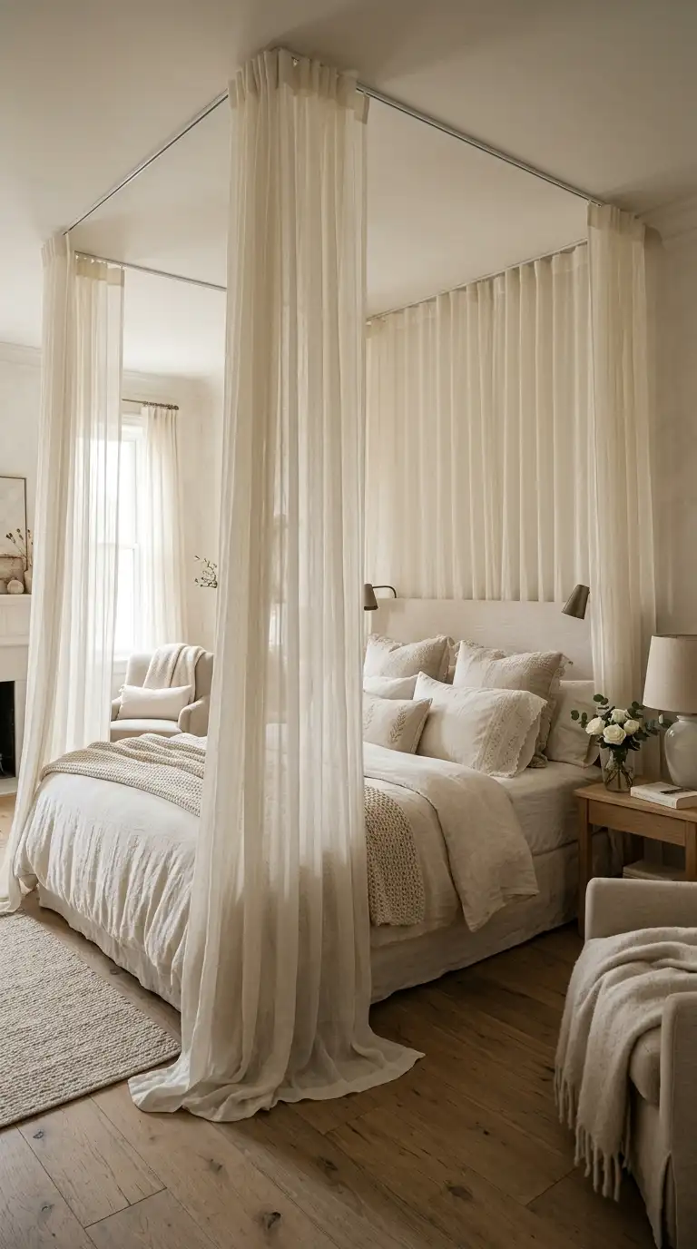Gauzy Curtains Around Bed