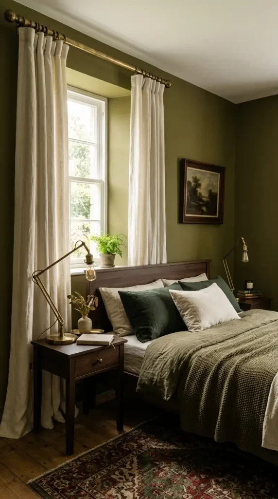 Green Bedroom With Aged Brass