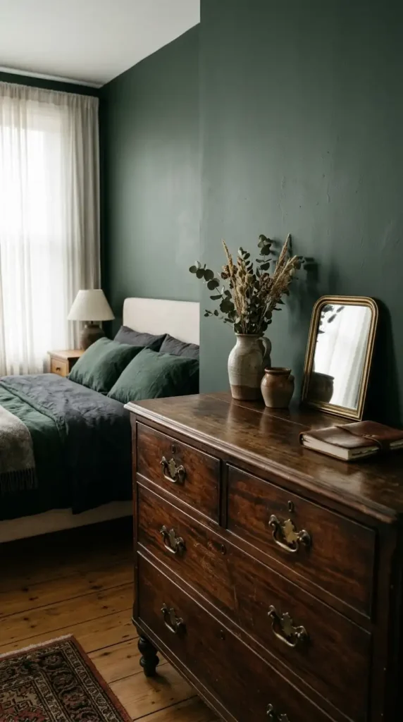 Green Bedroom With Vintage Wood