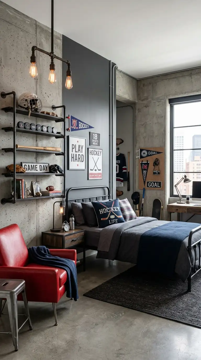 Hockey Inspired Industrial Bedroom