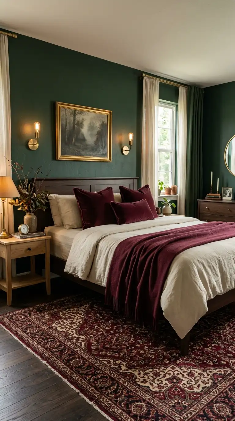 Moody Green Bedroom With Burgundy