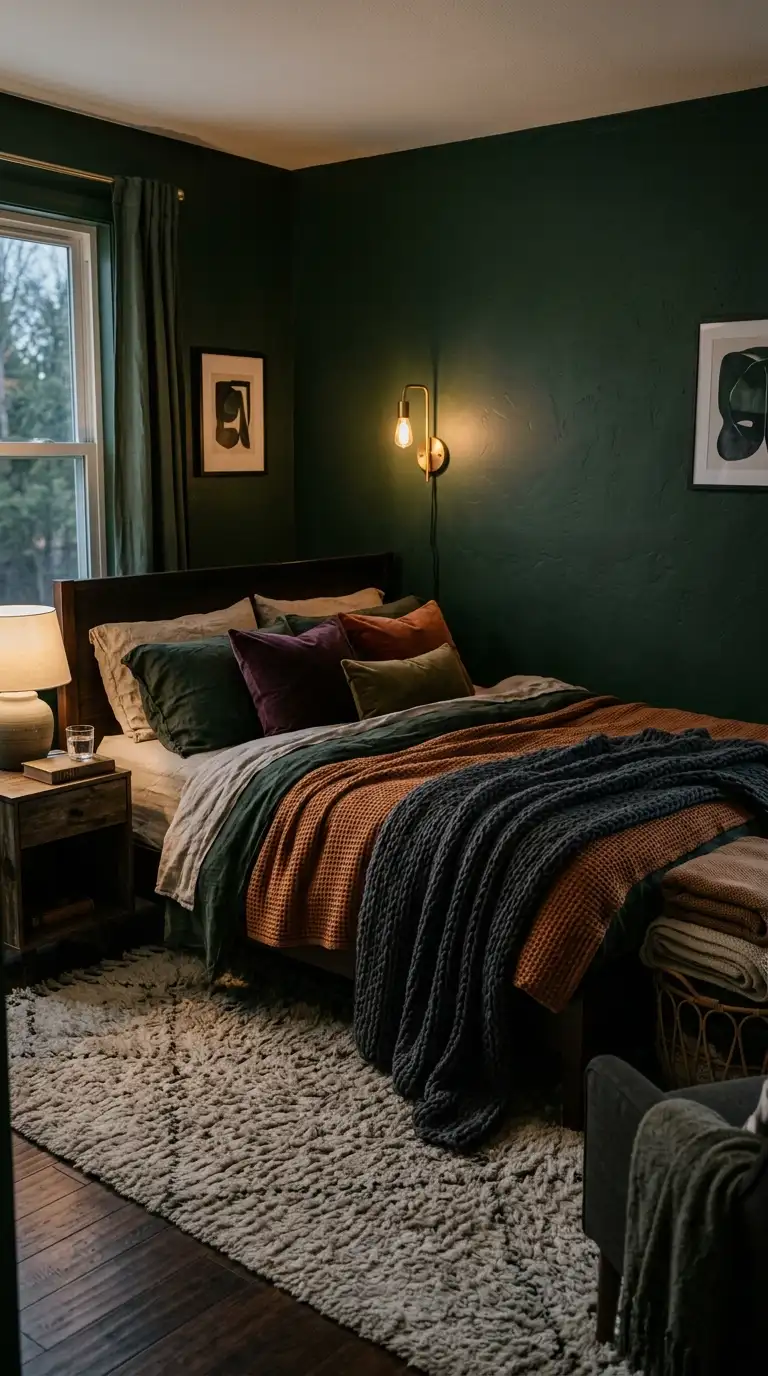 Moody Green Bedroom With Cozy Textiles