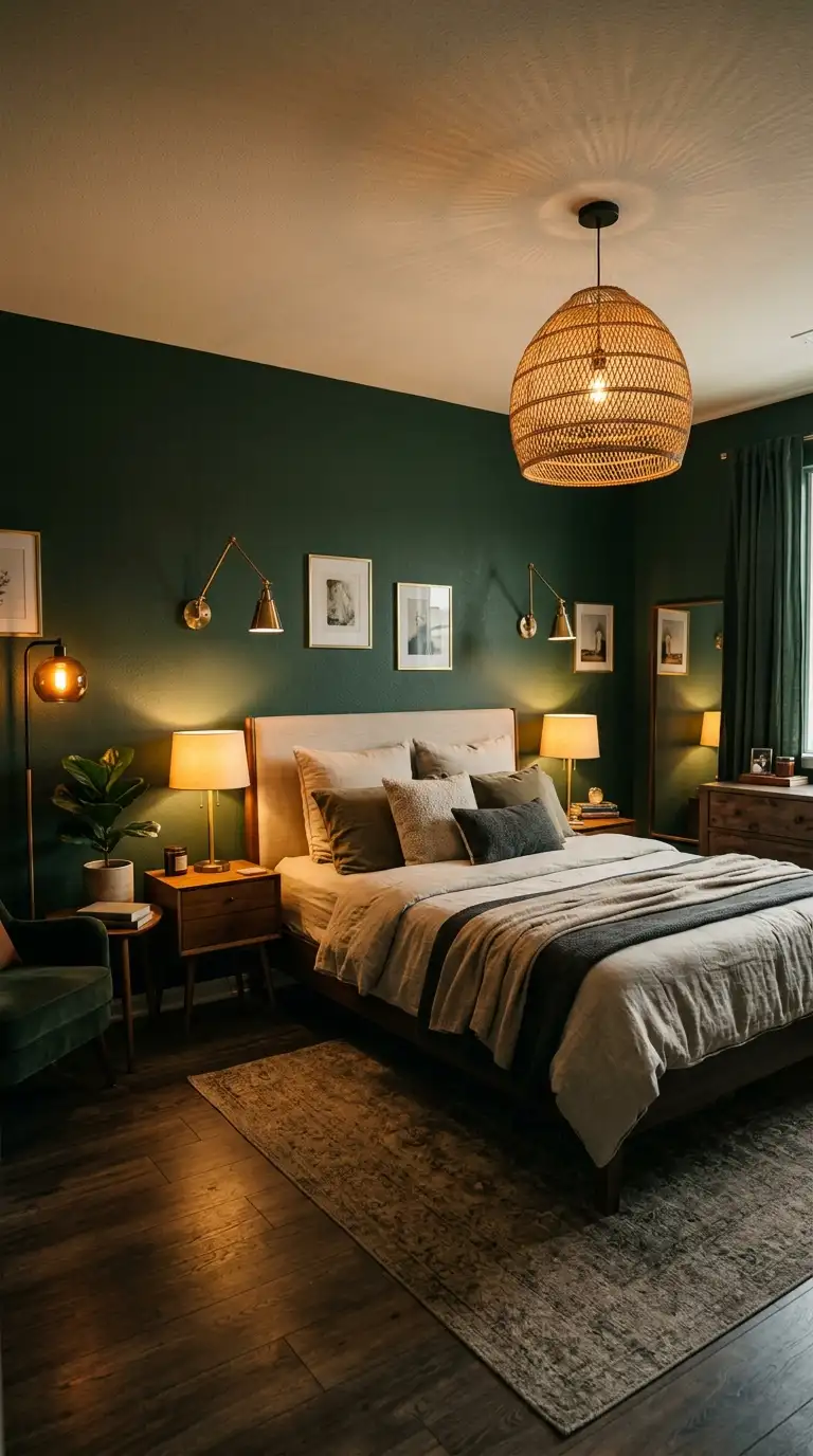 Moody Green Bedroom With Warm Lighting