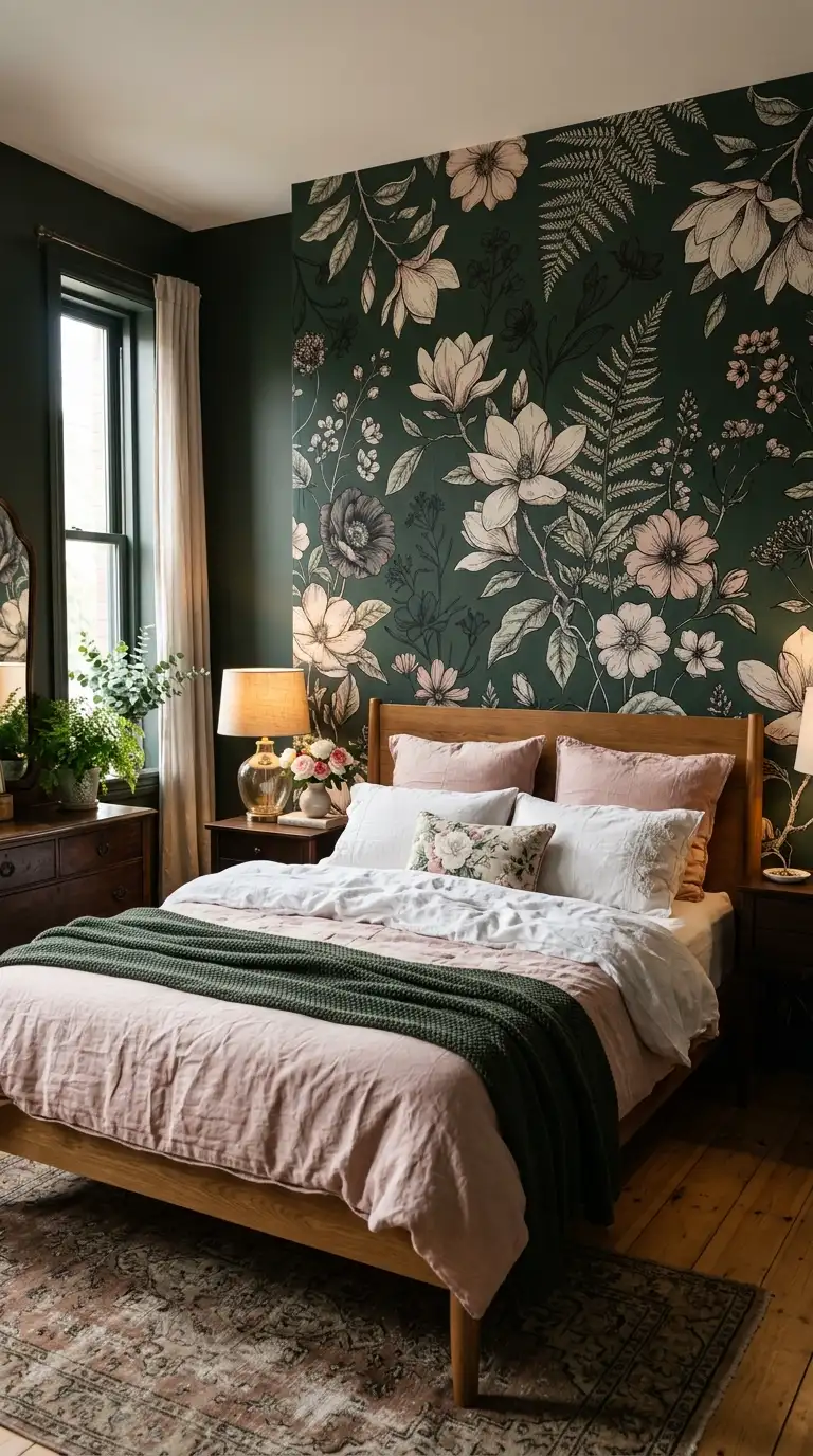 Moody Green Floral Wallpaper Bedroom