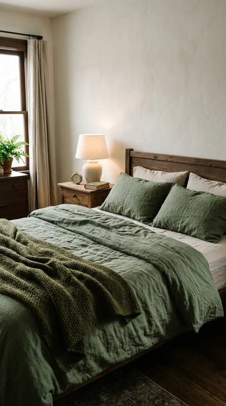 Moss Green Linen Bedding Layers
