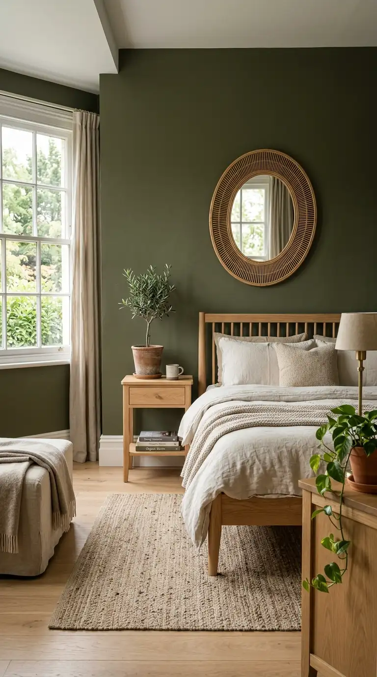 Olive Green Bedroom With Natural Wood