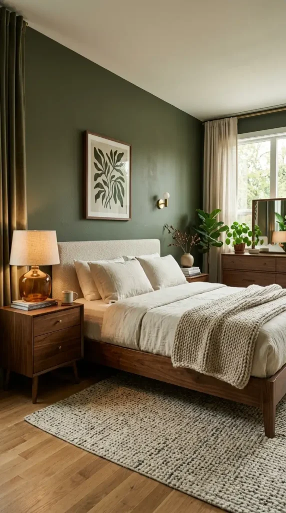 Olive Green Walls With Walnut