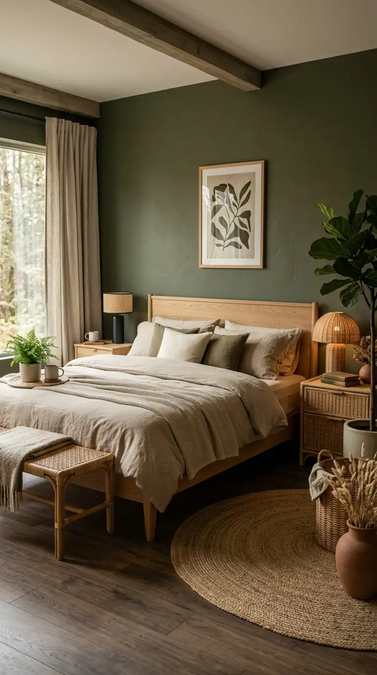 Olive Walls With Natural Wood