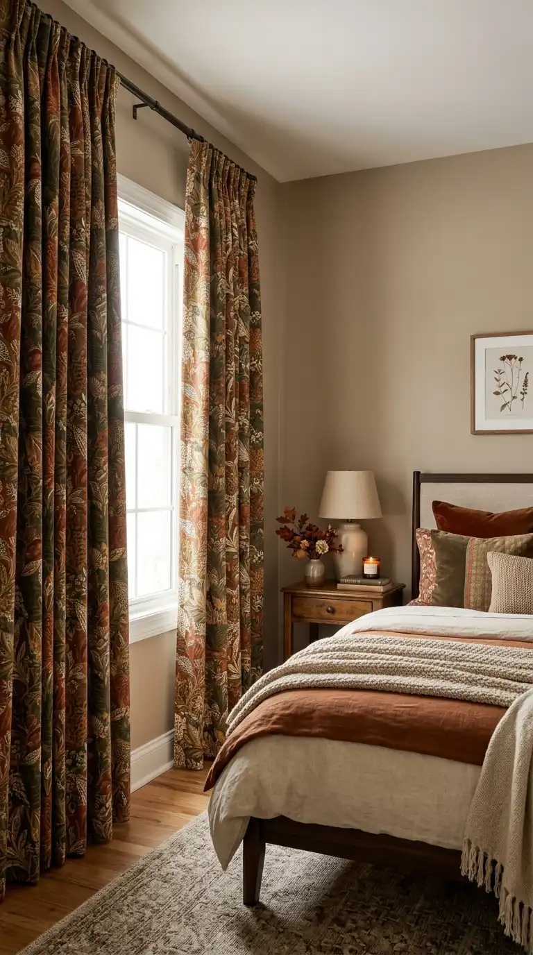 Patterned Curtains In Moody Bedrooms