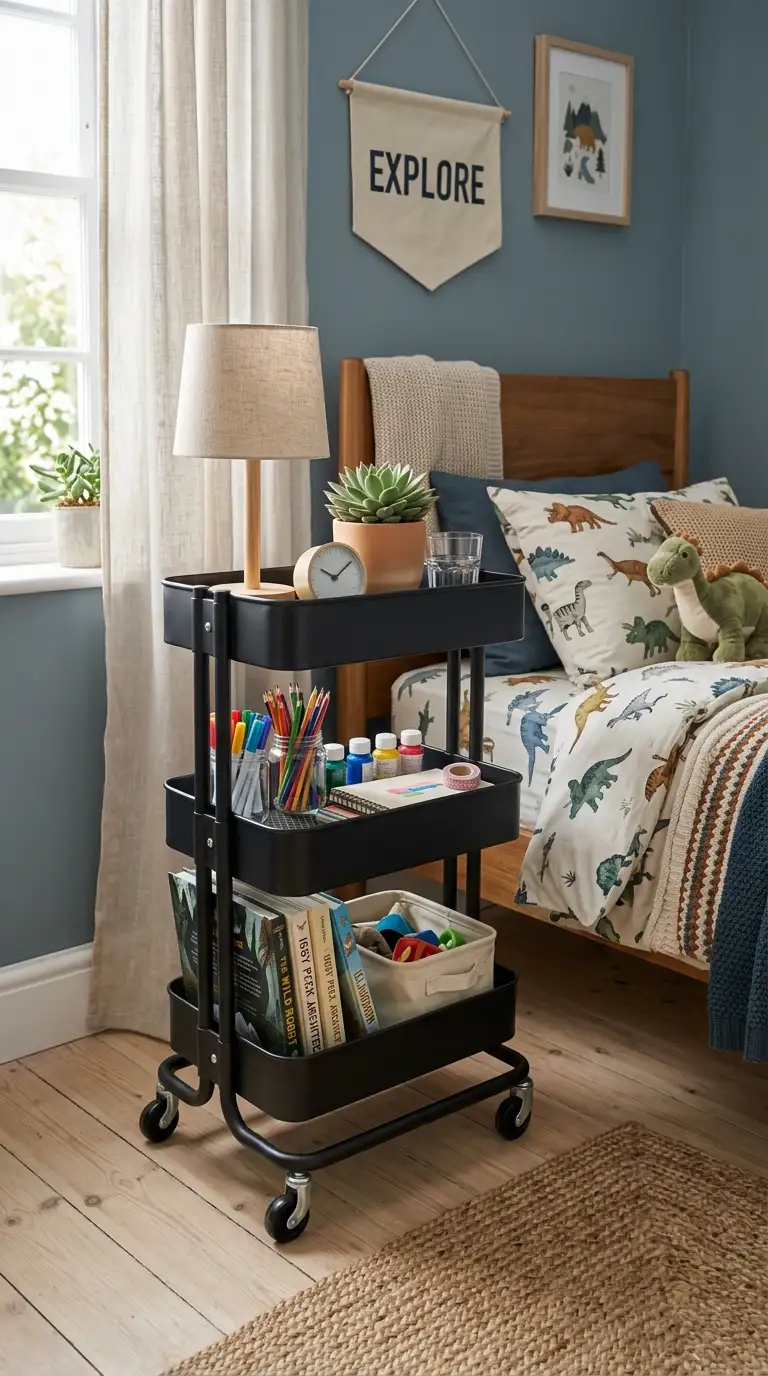 Rolling Storage Cart Beside Bed