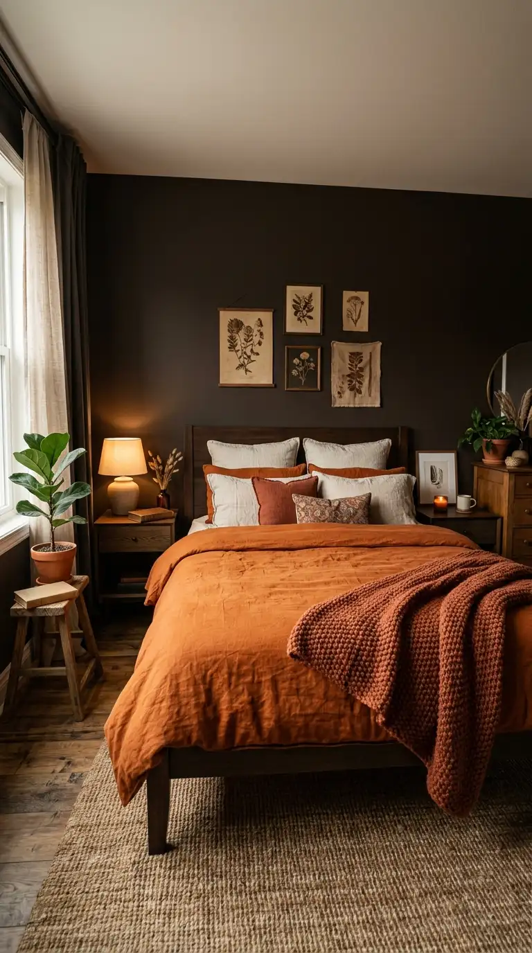 Rust Bedding With Dark Walls