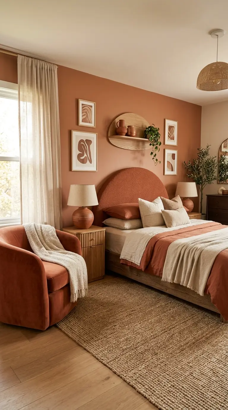 Terracotta Bedroom With Curved Furniture
