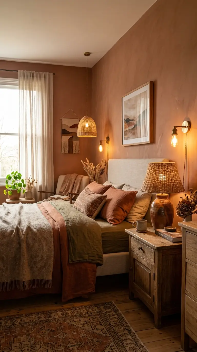 Terracotta Bedroom With Sculptural Lighting