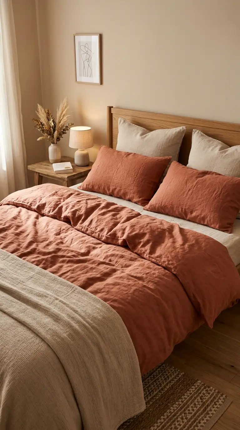 Terracotta Linen Bedding Beige Walls