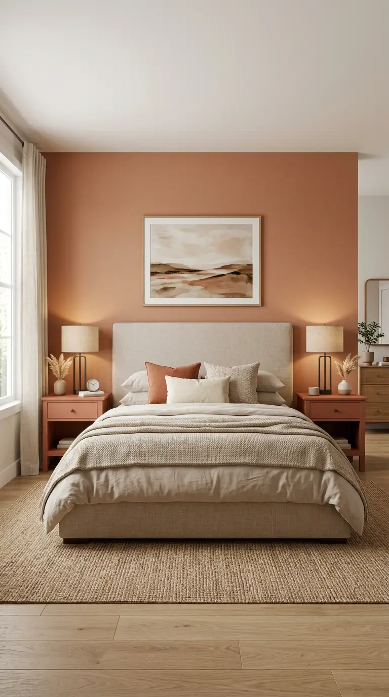Terracotta Nightstands Beige Upholstered Bed