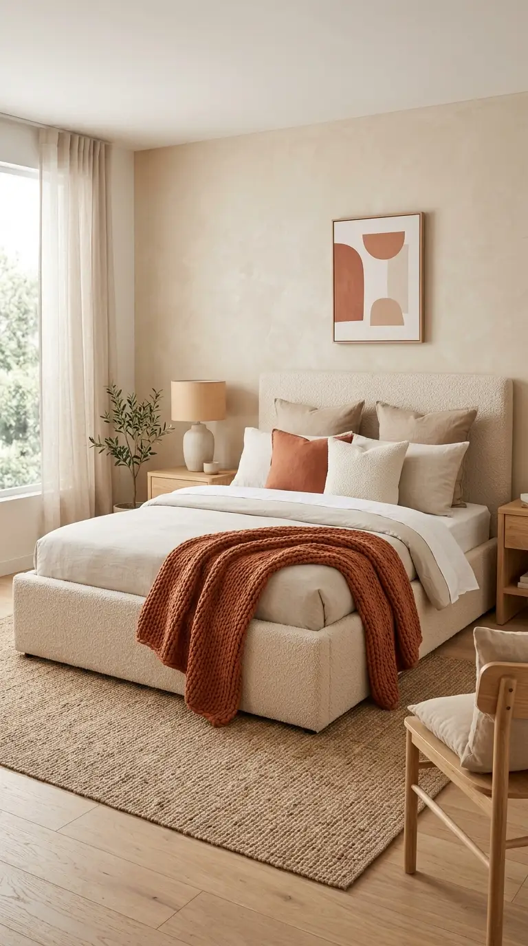 Terracotta Throw Beige Boucle Bed