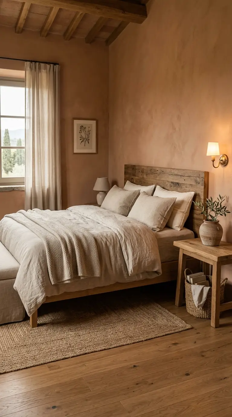 Terracotta Walls With Linen Bedding