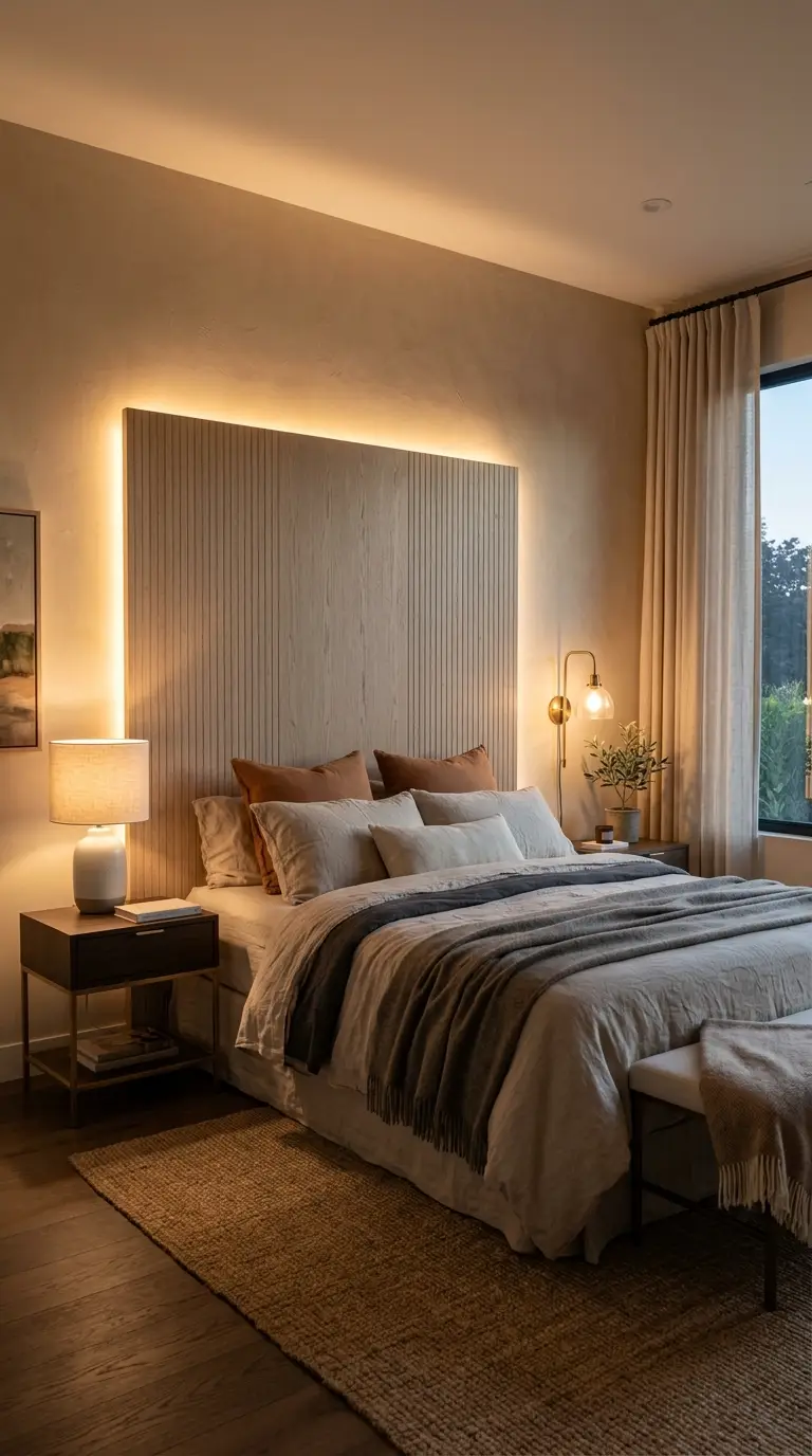 Warm LED Lamp Behind Headboard