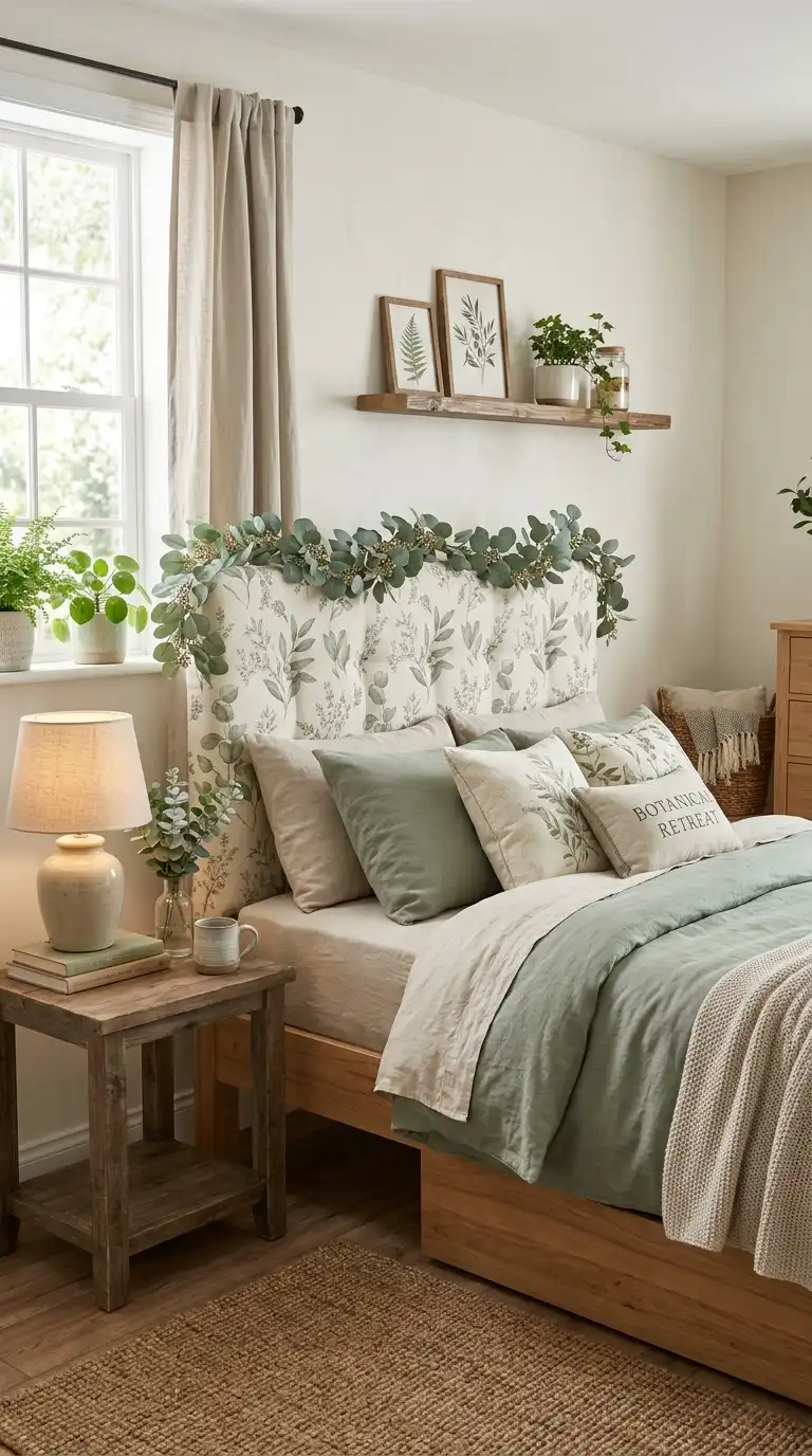 Botanical Headboard With Soft Greenery