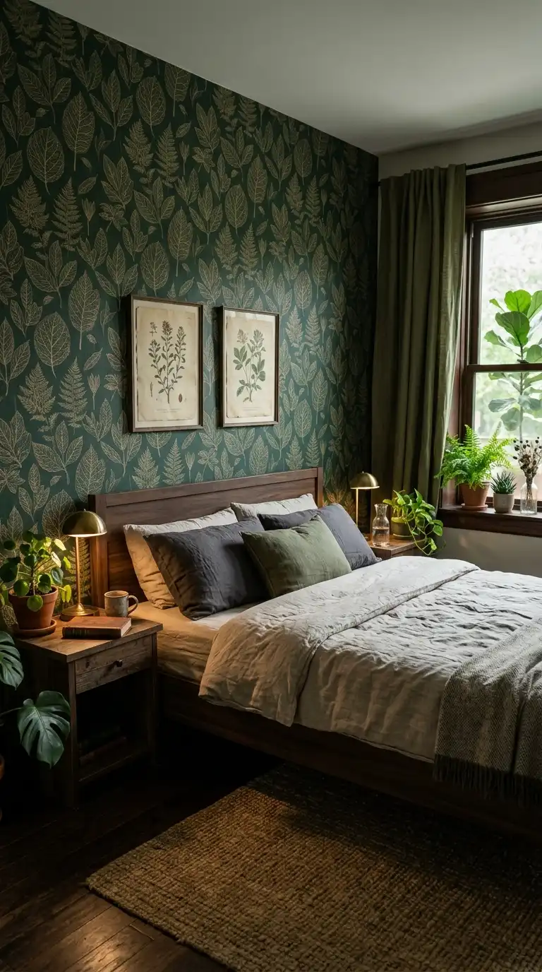 Botanical Wallpaper Behind Bed