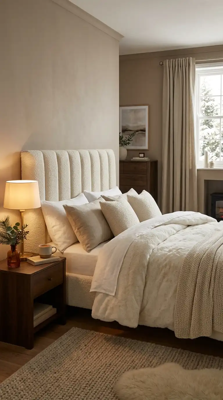 Cream Boucle Headboards With Plush Bedding