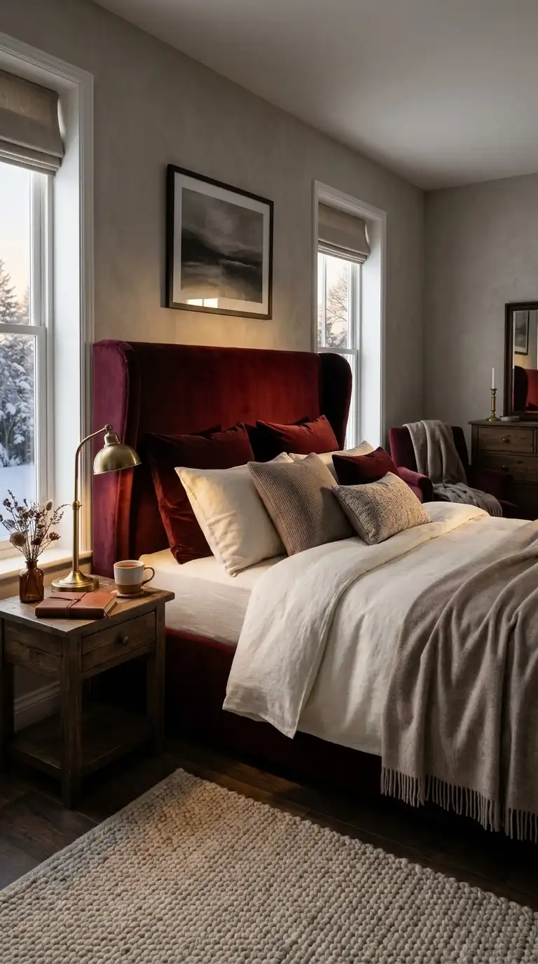 Deep Burgundy Velvet Headboard Styling