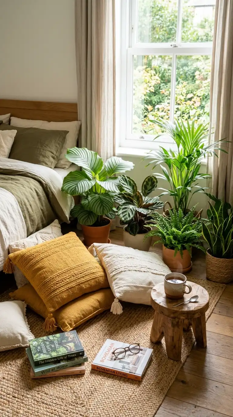 Floor Cushions Around Indoor Plants