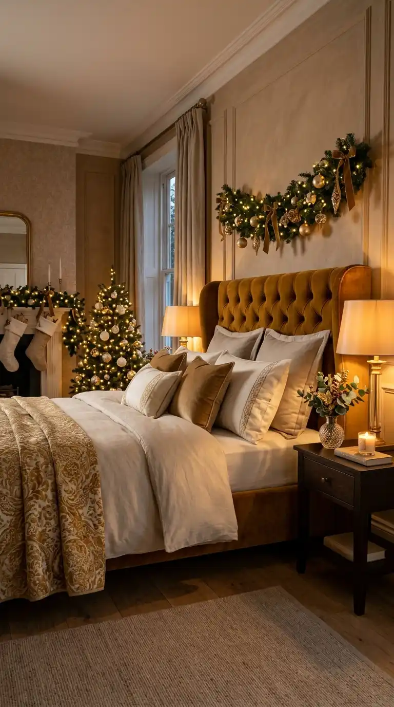 Gold Velvet Headboard Christmas Glow