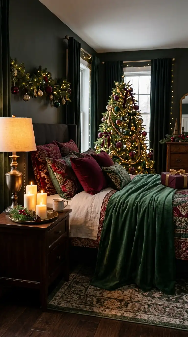 Green Velvet Christmas Bedroom Styling