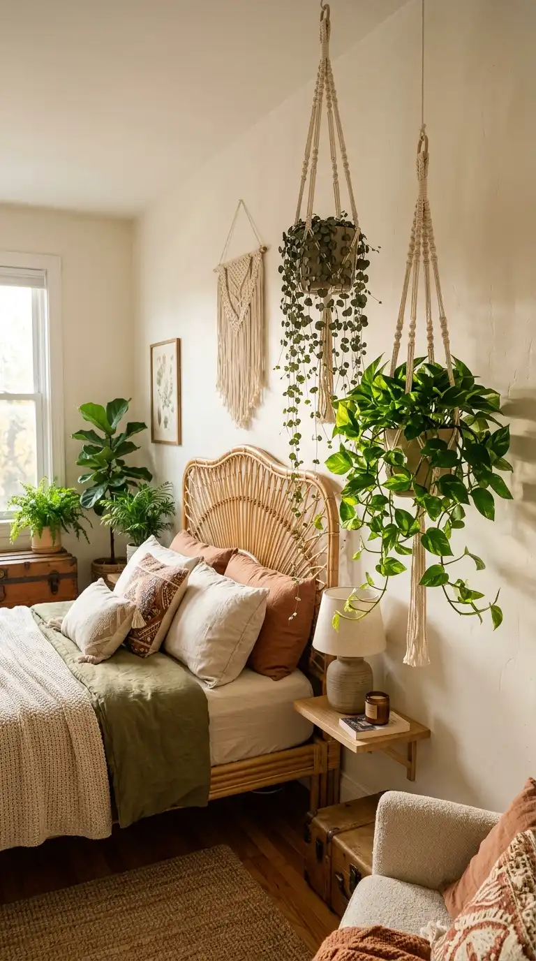 Hanging Plants Beside Rattan Headboard