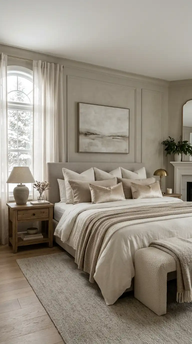 Layered Neutral Bedding With Velvet Cushions