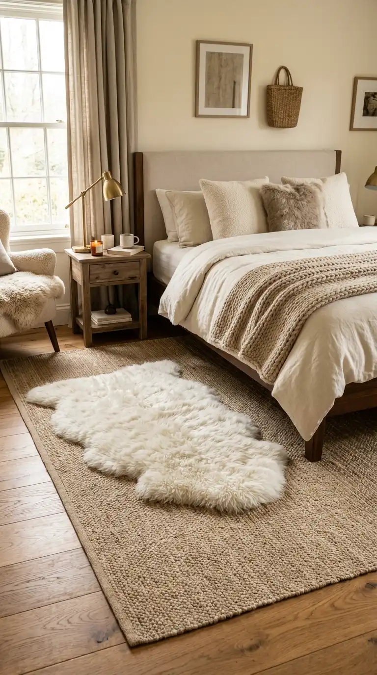 Layered Wool Rugs Beside Beds