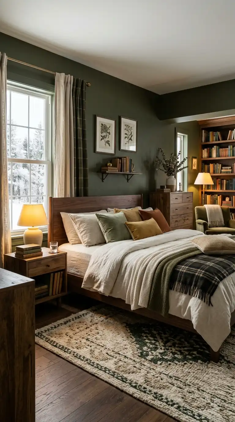 Moody Olive Walls With Cream Bedding
