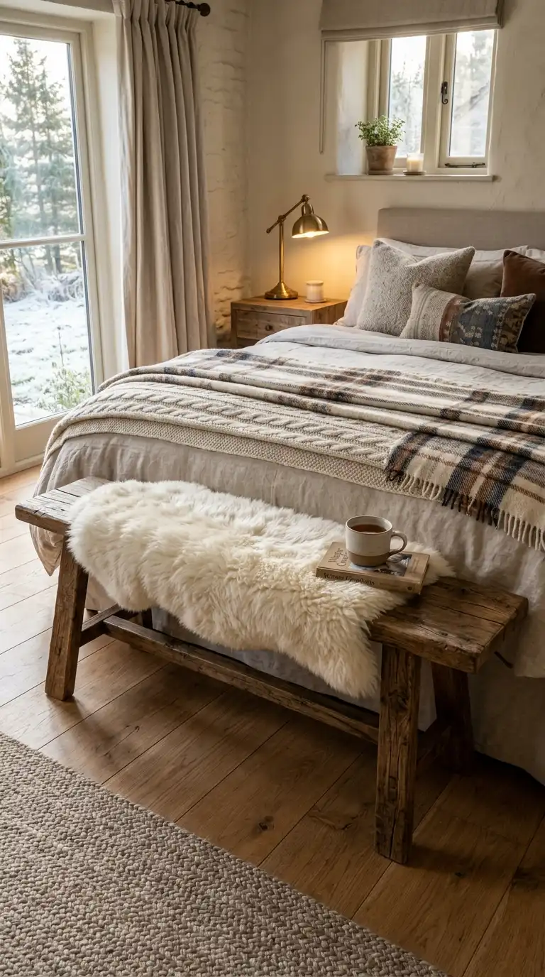 Sheepskin Throws Over Wooden Benches